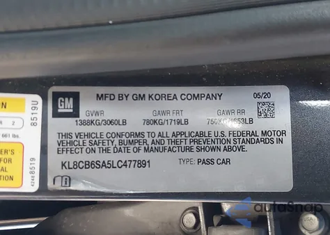 2020 Chevrolet Spark Fwd Ls Automatic z USA, uszkodzony, nr VIN KL8CB6SA5LC477891